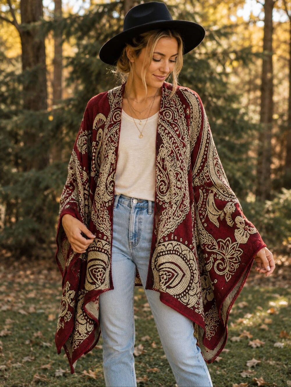 Burgundy and Cream Paisley Knit Poncho  | Super Soft Cashmere Blend  | One Size